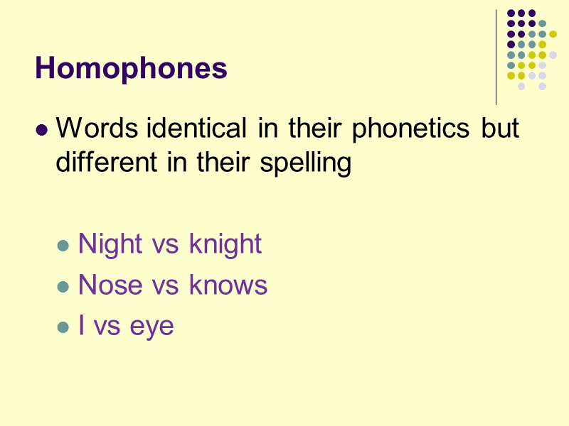 Homophones Words identical in their phonetics but different in their spelling  Night vs